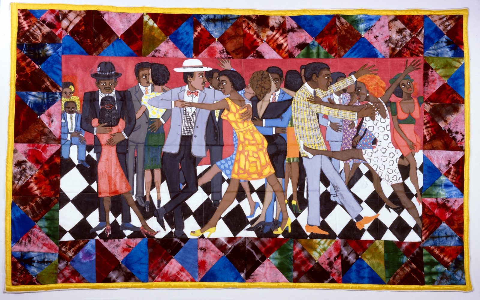 Faith Ringgold's Groovin High quilt with couples dancing on a checkerboard floor